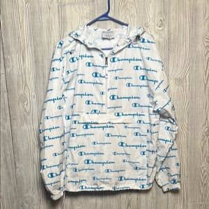 Champion White and Blue Raincoat Lightweight Hooded Jacket Size Medium